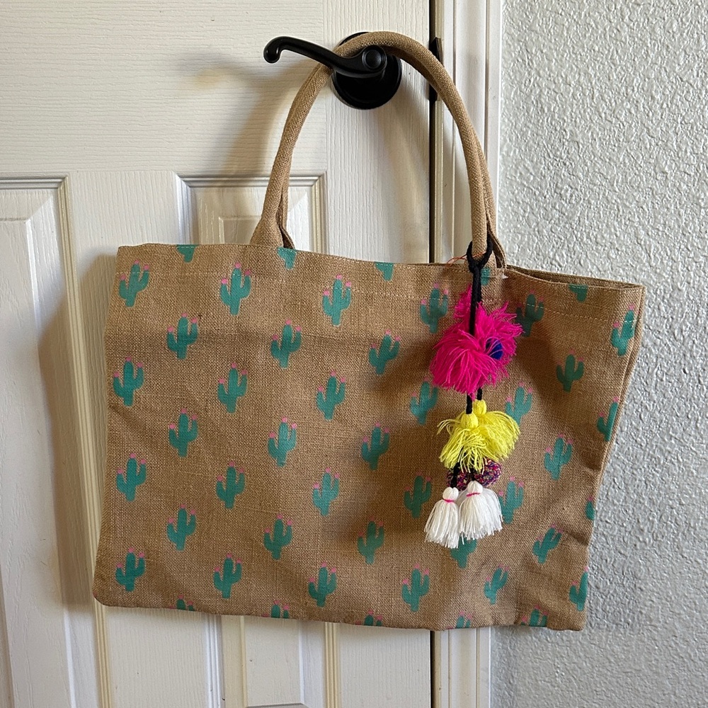 Tan Cactus Print Tote with Colorful Tassels